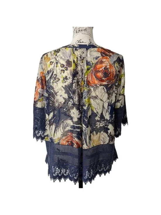 Coldwater Creek Women Size M Silk Floral Kimono One-Button Top Crochet Lace Hem - Picture 3 of 7